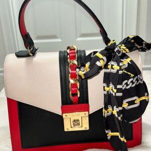 Aldo Red, Black & Cream Colorblock Top-Handle Satchel